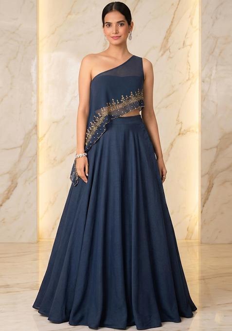 Navy Blue Embroidered Handwork Lehenga Set