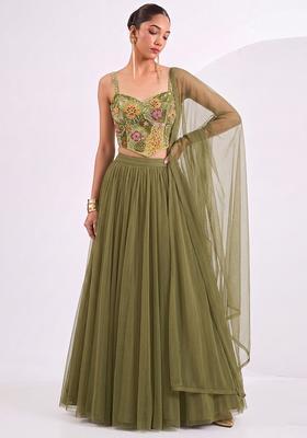 Olive Green Printed Crepe Lehenga Set