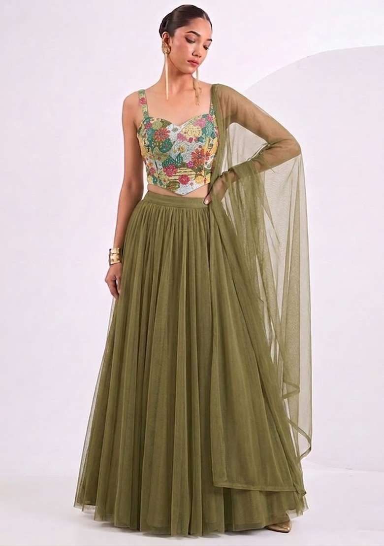 Olive Green Printed Crepe Lehenga Set - Indya