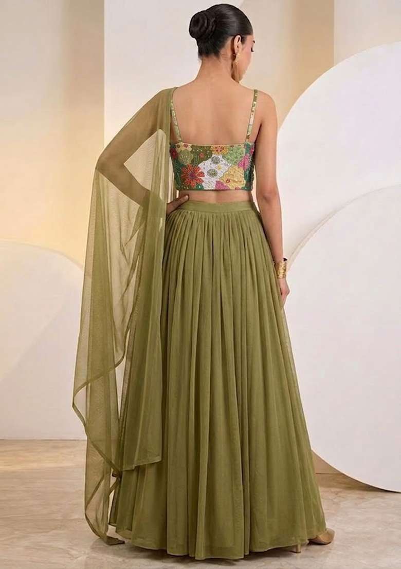 Olive Green Printed Crepe Lehenga Set - Indya