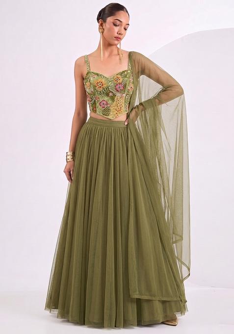 Olive Green Printed Crepe Lehenga Set
