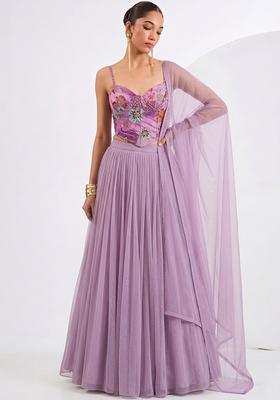 Purple Printed Crepe Lehenga Set