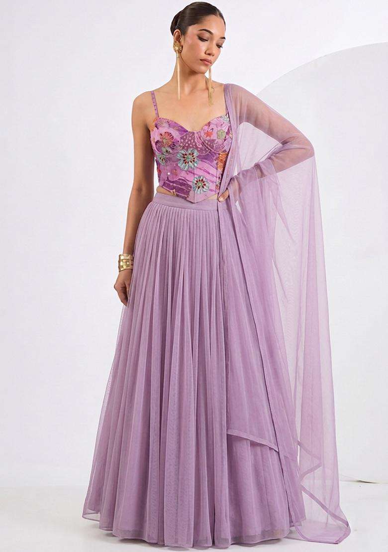 Purple Printed Crepe Lehenga Set - Indya