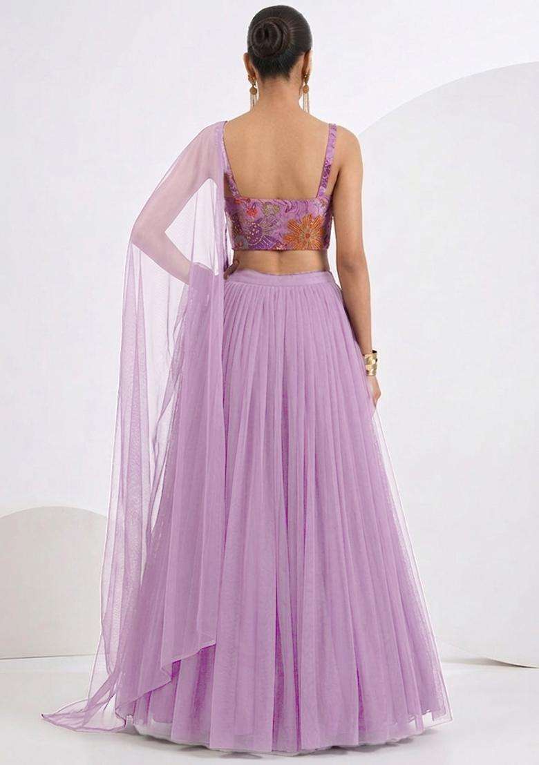 Purple Printed Crepe Lehenga Set - Indya