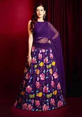 Purple Printed Chinon Lehenga Set