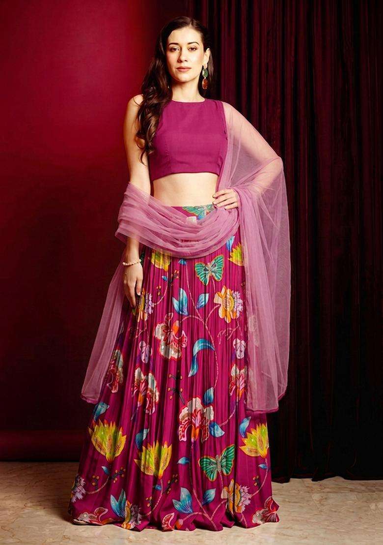 Hot Pink Printed Chinon Lehenga Set - Indya
