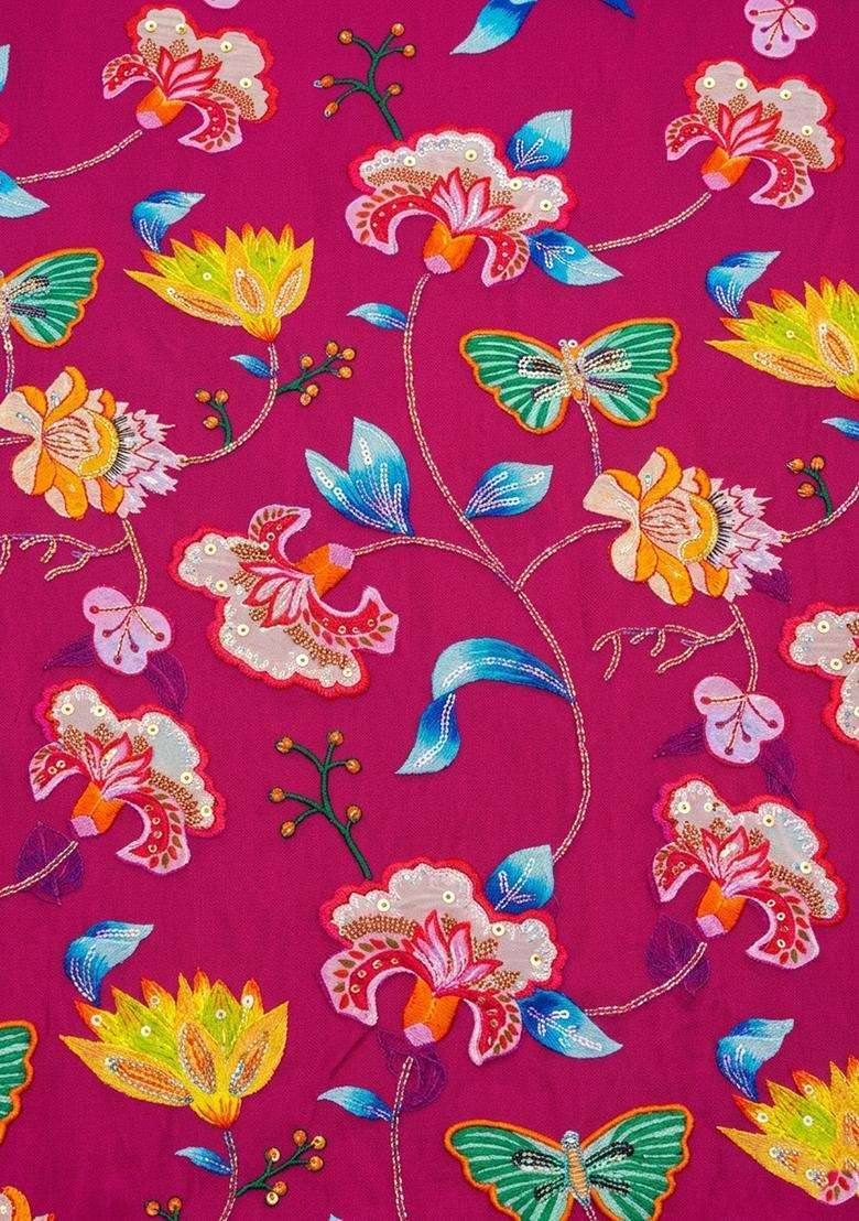 Hot Pink Printed Chinon Lehenga Set - Indya