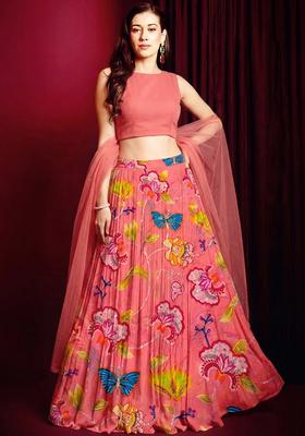 Pink Printed Chinon Lehenga Set