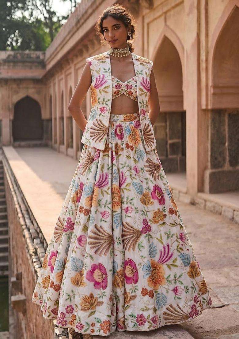 Ivory Printed Organza Lehenga Set - Indya