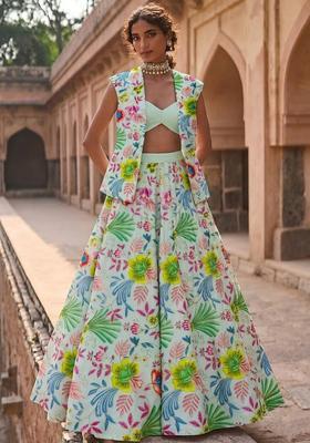 Ivory Printed Organza Lehenga Set
