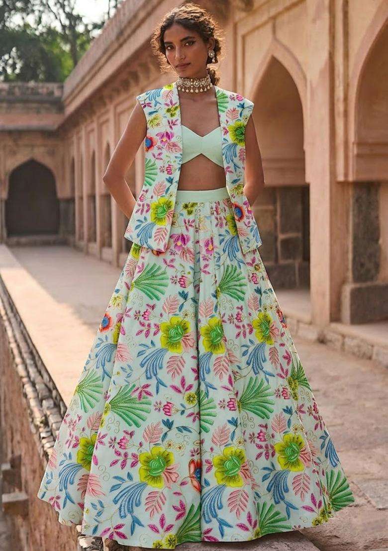 Ivory Organza Lehenga Set with Printed for Diwali | Wedding & Festive Wear - Indya