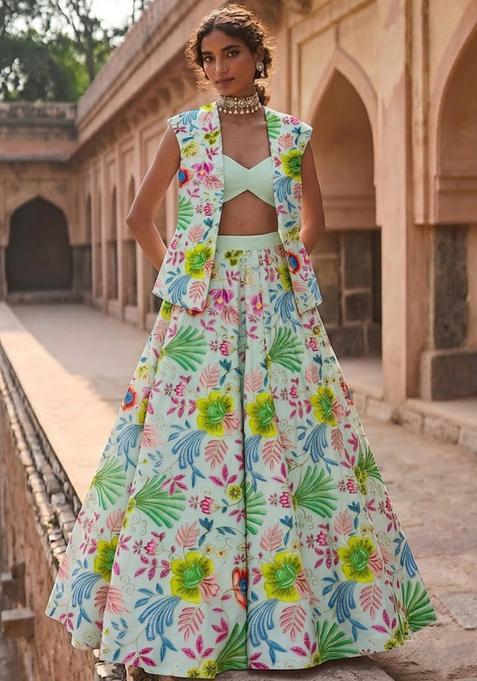 Ivory Printed Organza Lehenga Set