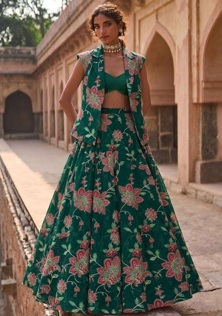Bottle Green Printed Organza Lehenga Set - Indya