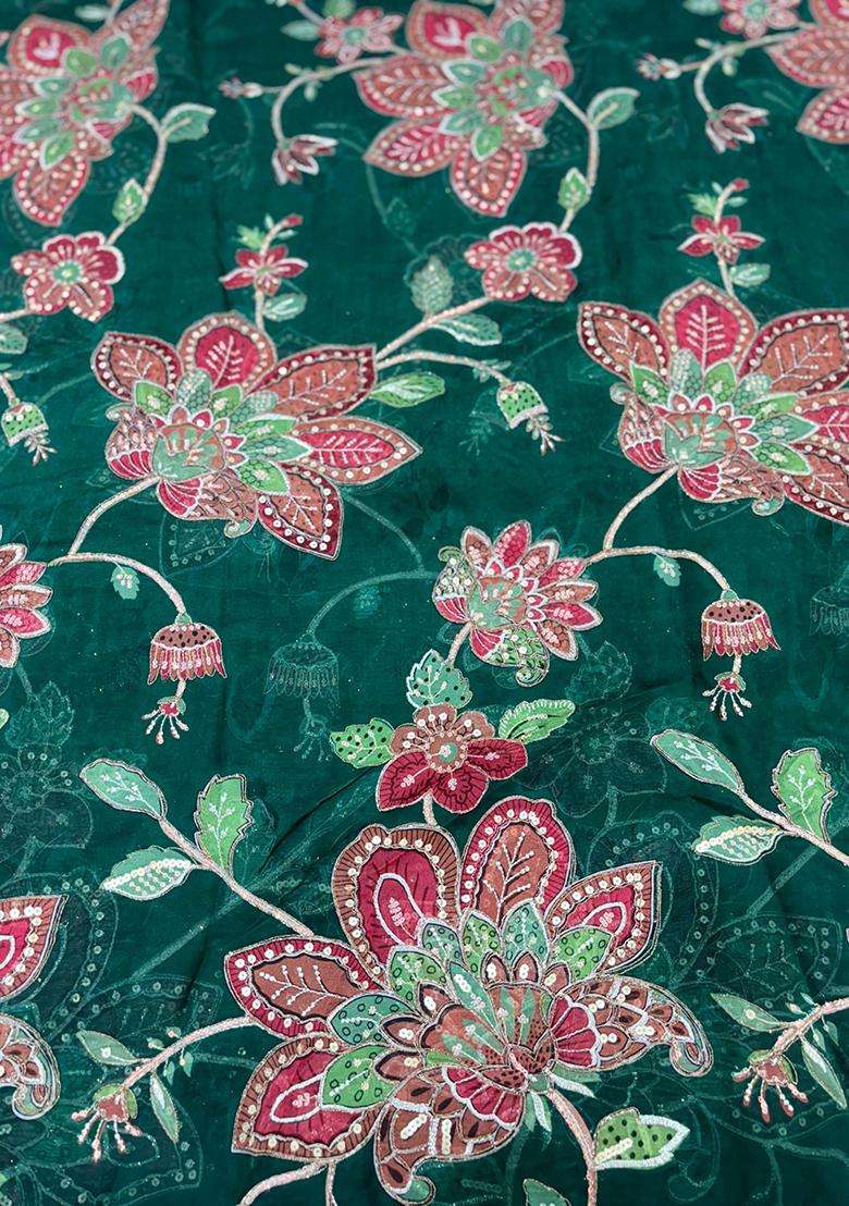 Bottle Green Printed Organza Lehenga Set - Indya