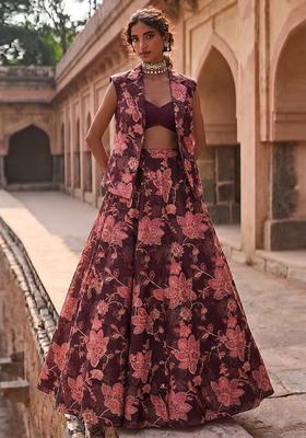 Deep Wine Printed Organza Lehenga Set