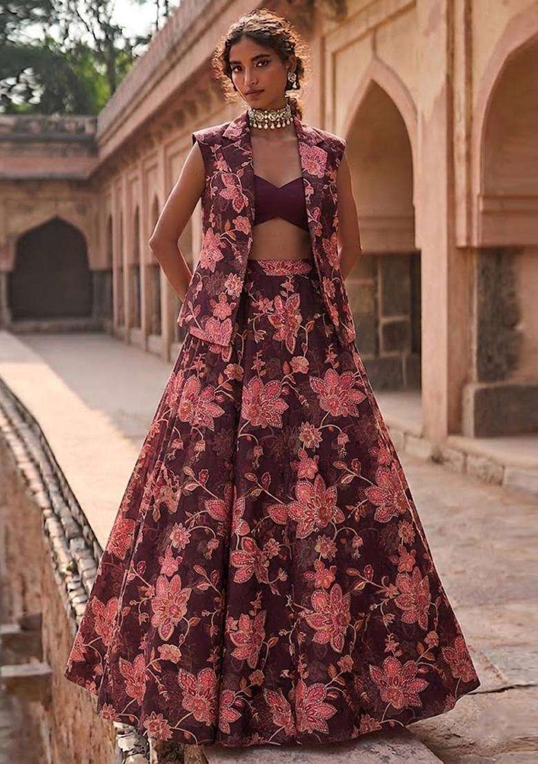 Deep Wine Printed Organza Lehenga Set - Indya