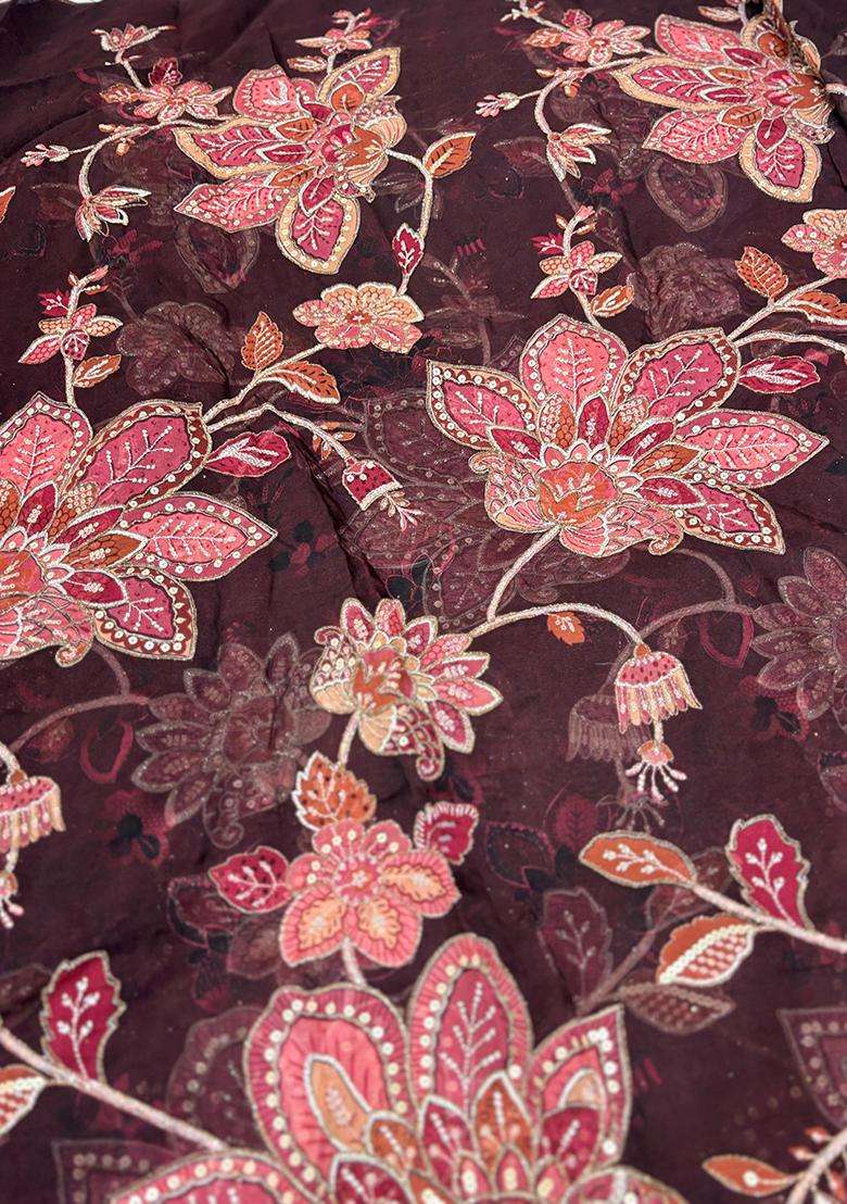 Deep Wine Printed Organza Lehenga Set - Indya
