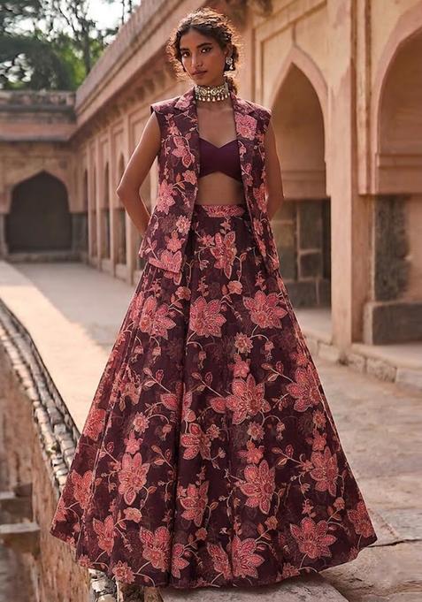 Deep Wine Printed Organza Lehenga Set