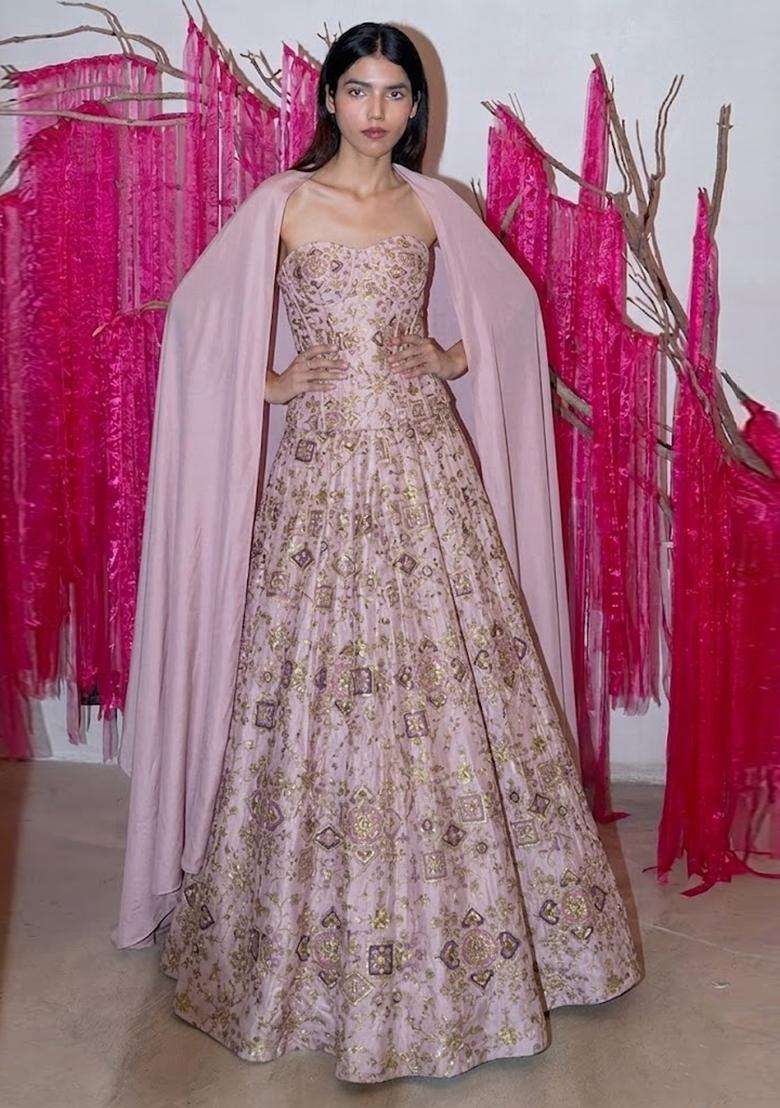 Blush Pink Printed Crepe Anarkali with Dupatta - Indya