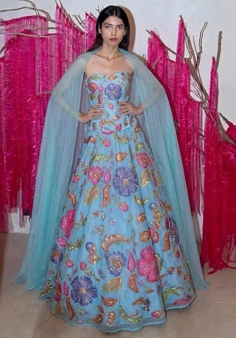 Light Blue Printed Poly Blend Anarkali with Dupatta