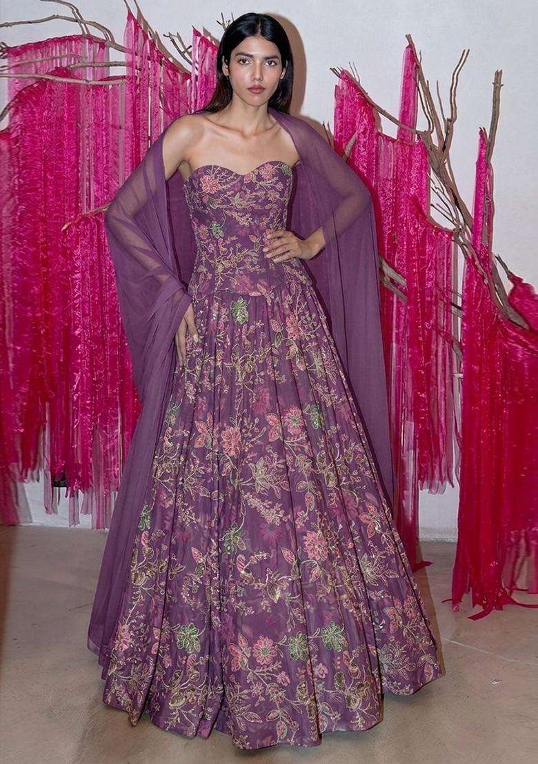 Purple Printed Crepe Anarkali with Dupatta - Indya