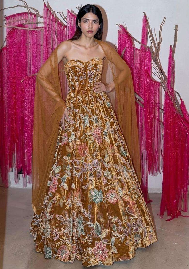 Rust Brown Printed Crepe Anarkali with Dupatta - Indya