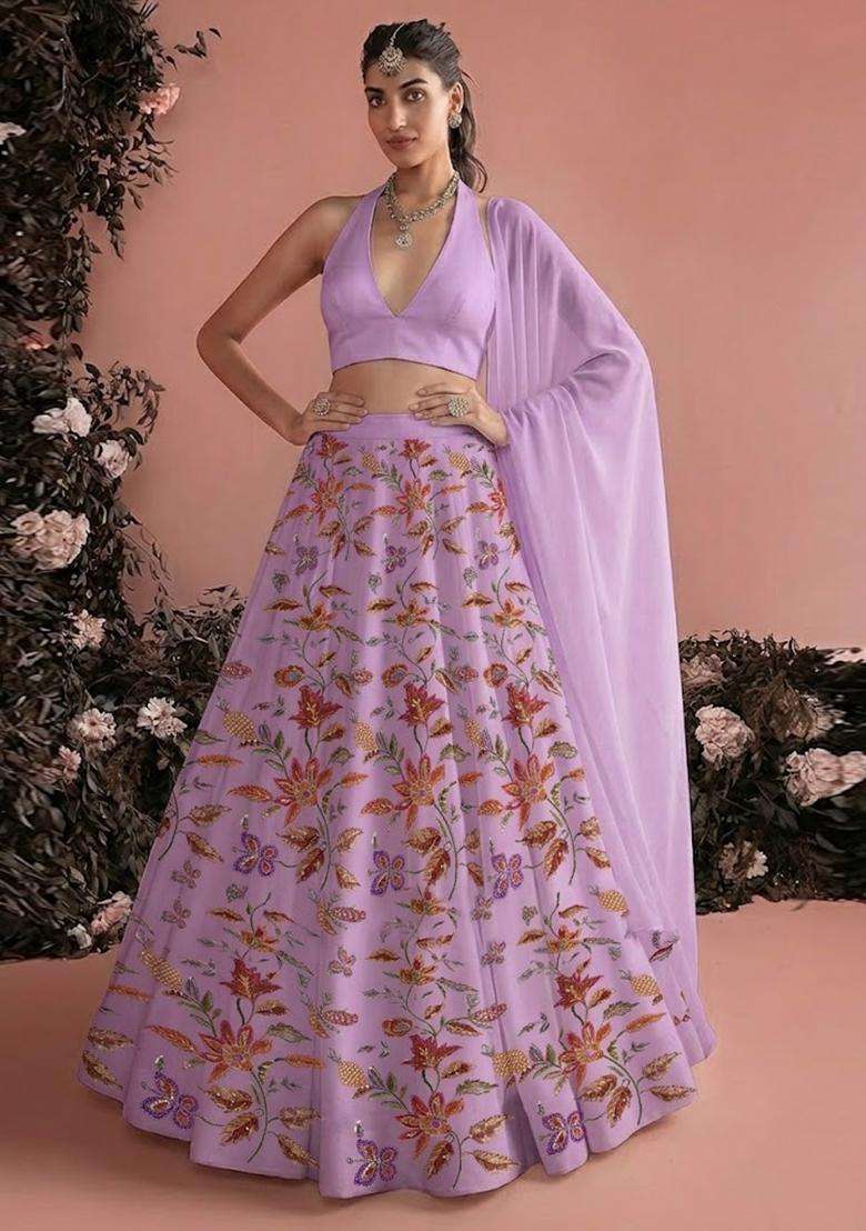 Lavender Embroidered Organza Lehenga Set - Indya