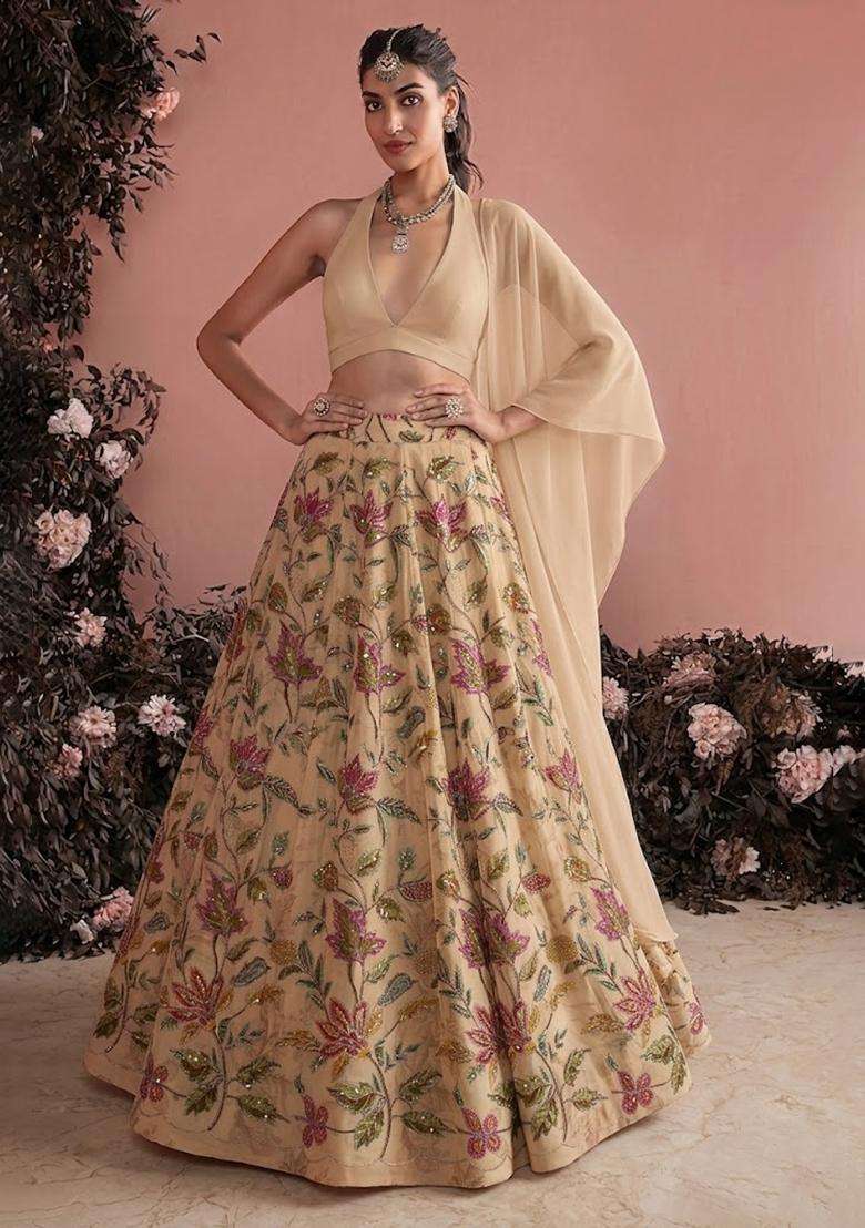 Beige Embroidered Organza Lehenga Set - Indya