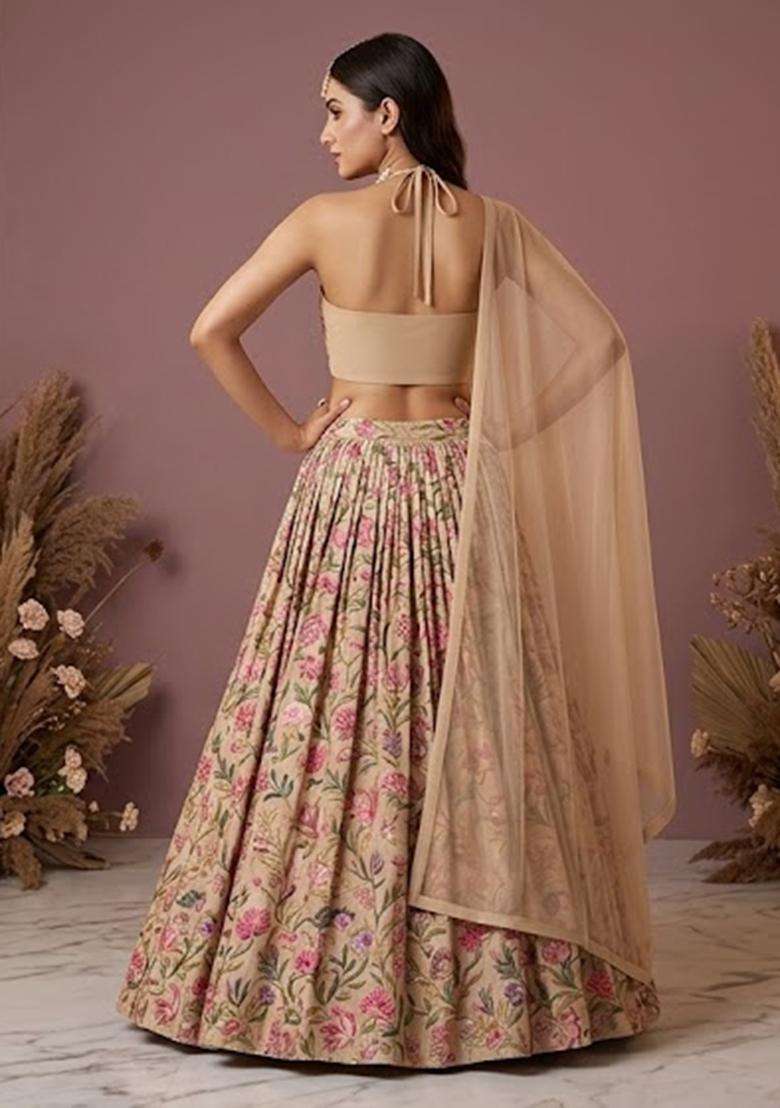 Beige Embroidered Organza Lehenga Set - Indya