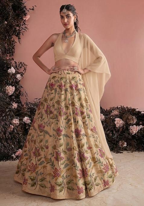Beige Embroidered Organza Lehenga Set