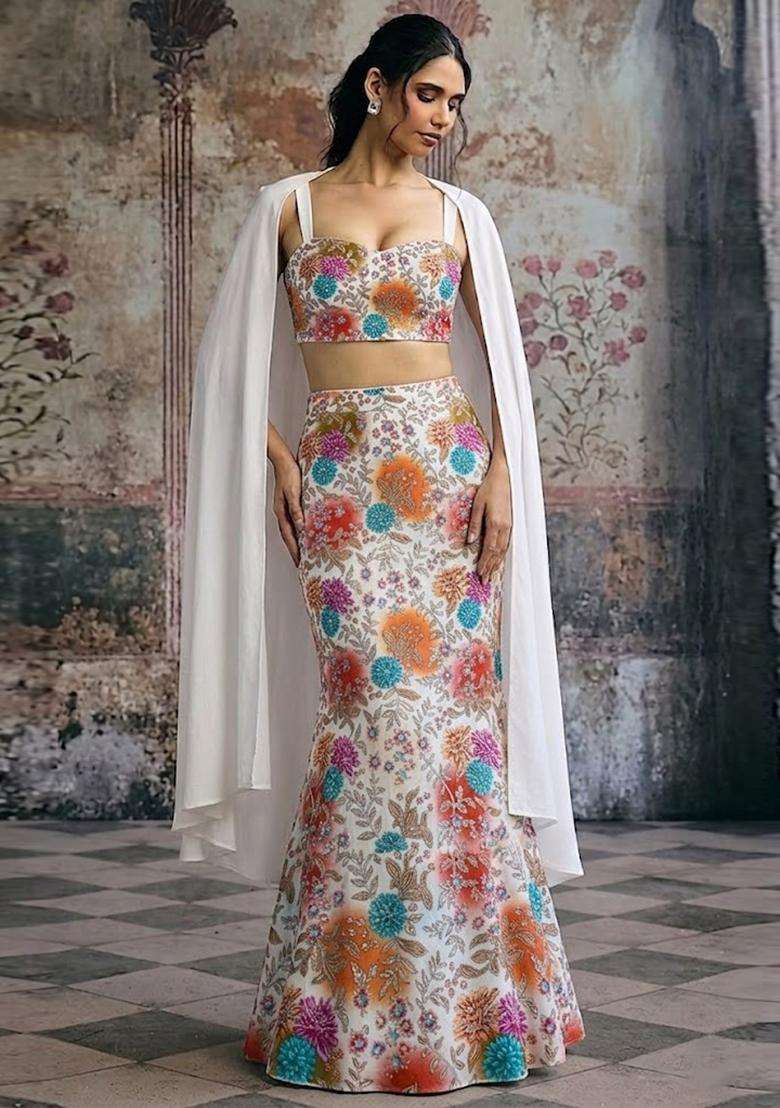 Ivory Printed Crepe Lehenga Set - Indya