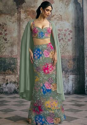 Olive Green Printed Crepe Lehenga Set