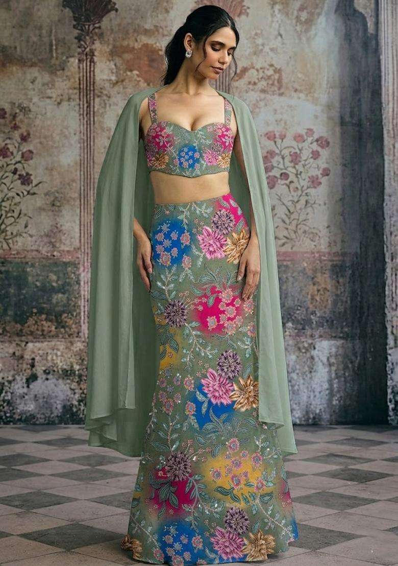 Olive Green Printed Crepe Lehenga Set - Indya