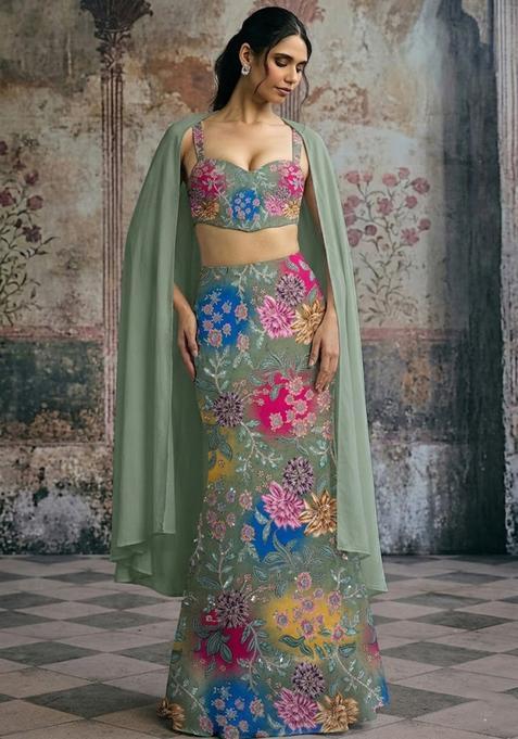 Olive Green Printed Crepe Lehenga Set