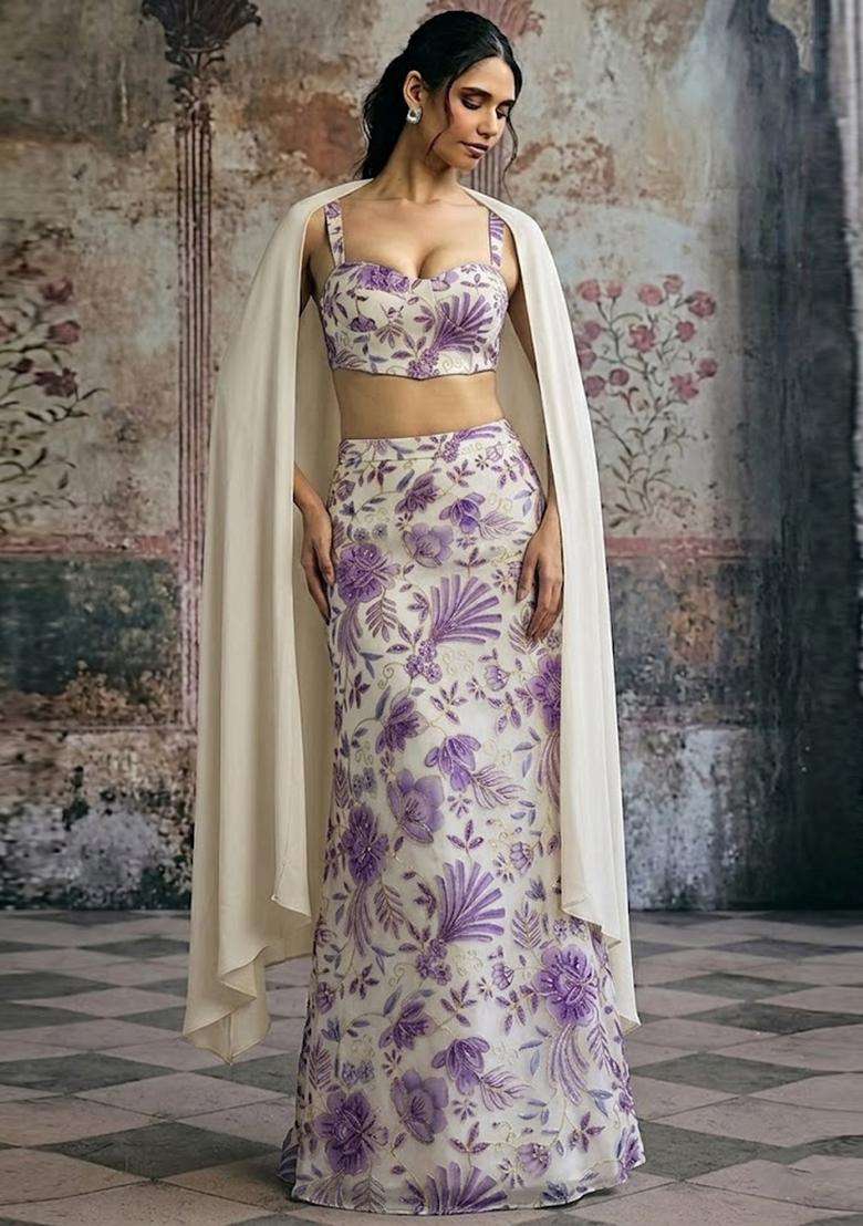 Ivory Printed Organza Lehenga Set - Indya