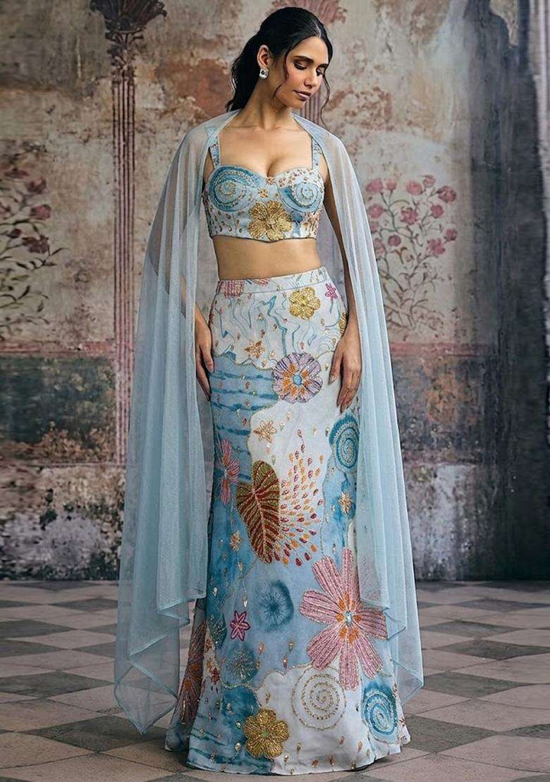 Pastel Blue Printed Crepe Lehenga Set - Indya
