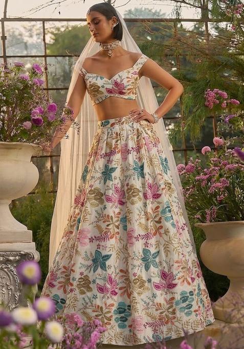 Ivory Printed Silk Lehenga Set