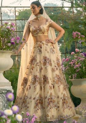 Peach Printed Organza Lehenga Set