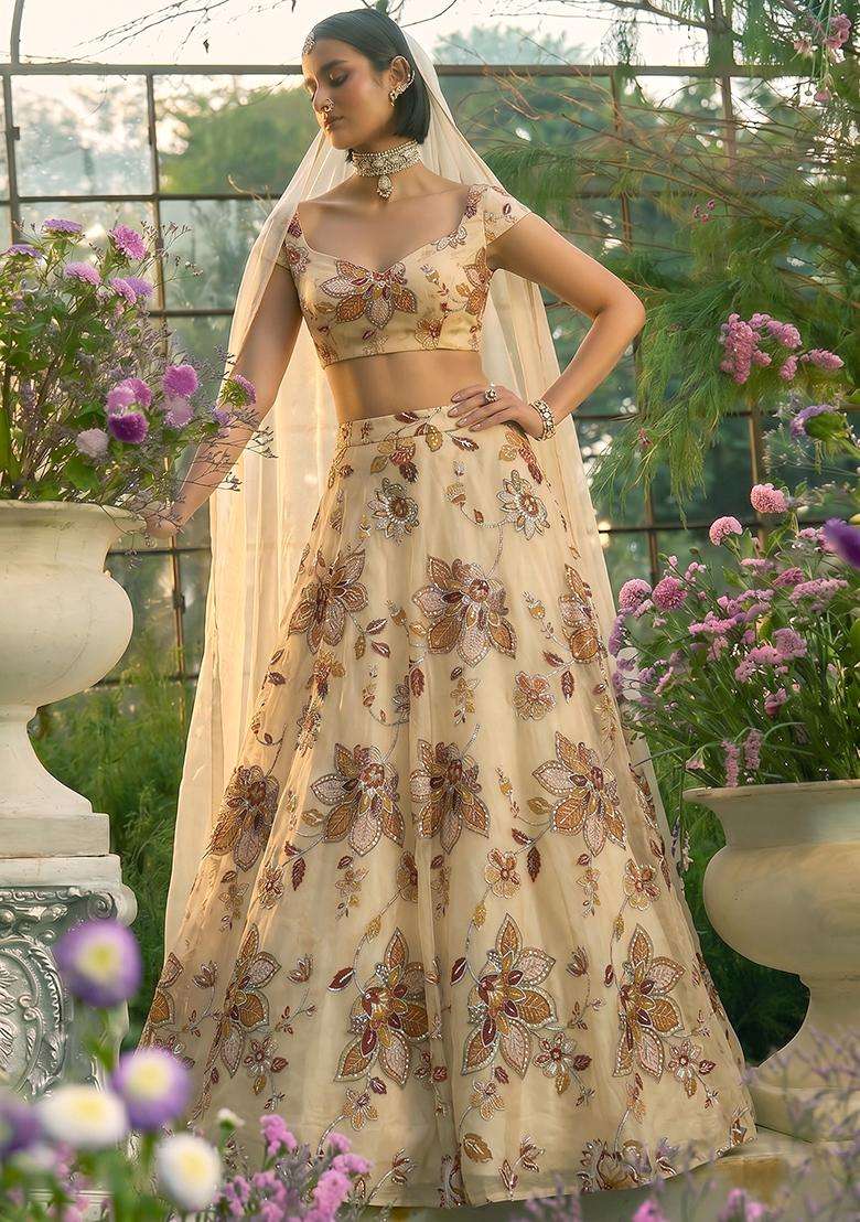 Peach Printed Organza Lehenga Set - Indya