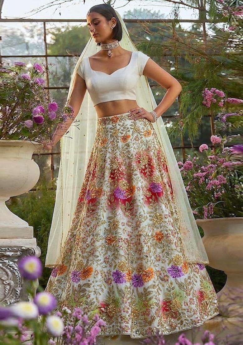 Cream Printed Crepe Lehenga Set - Indya
