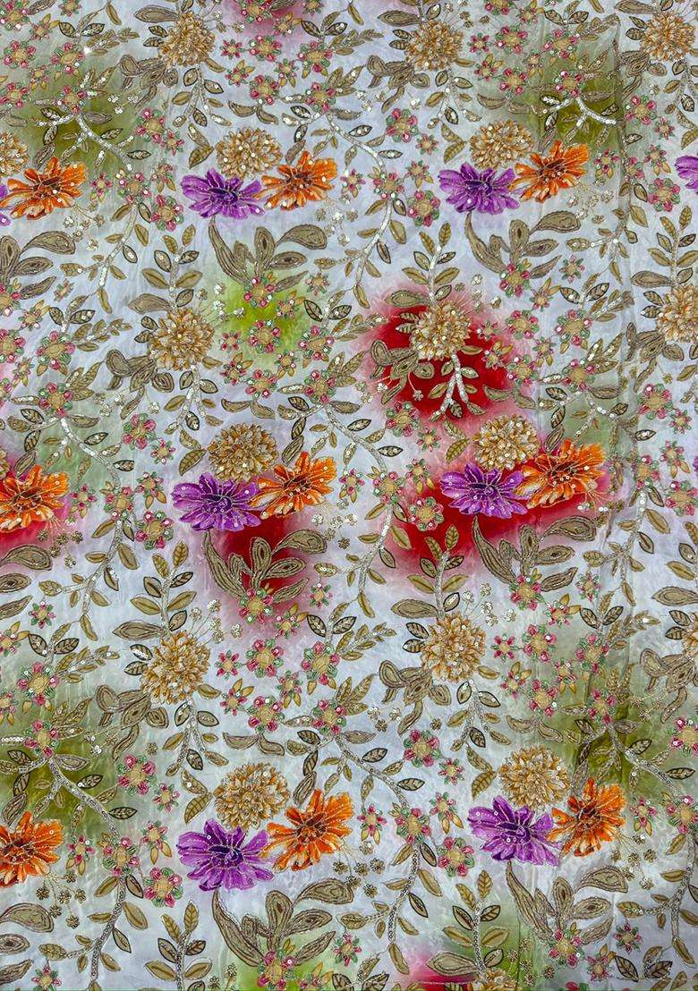 Cream Printed Crepe Lehenga Set - Indya