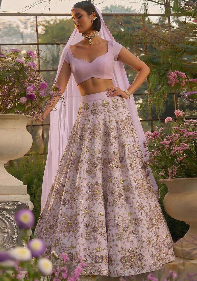 White Printed Crepe Lehenga Set - Indya
