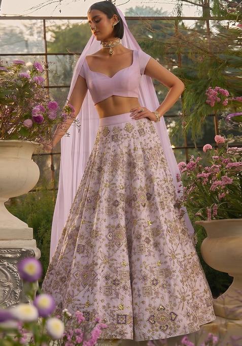 White Printed Crepe Lehenga Set