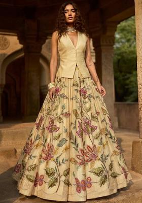 Champagne Gold Embroidered Organza Lehenga Set