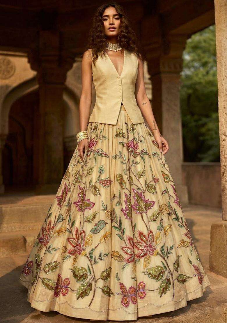 Champagne Gold Embroidered Organza Lehenga Set - Indya