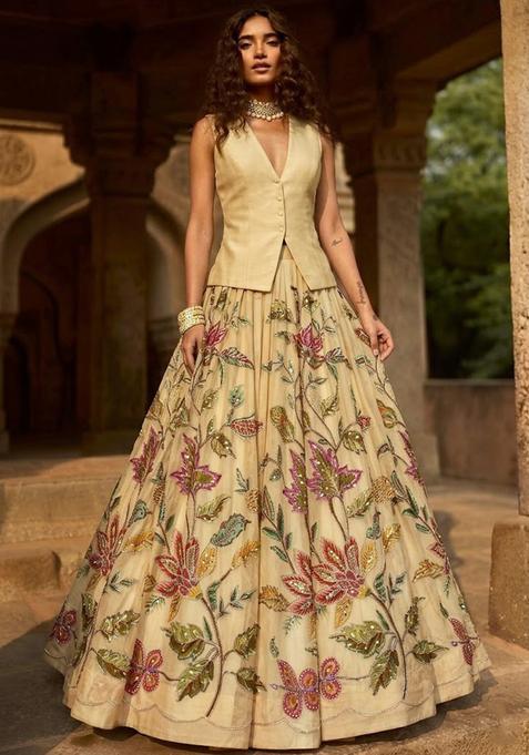 Champagne Gold Embroidered Organza Lehenga Set