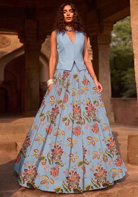 Pastel Blue Printed Organza Lehenga Set