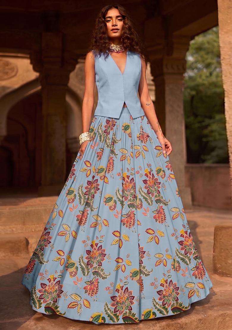 Pastel Blue Printed Organza Lehenga Set - Indya