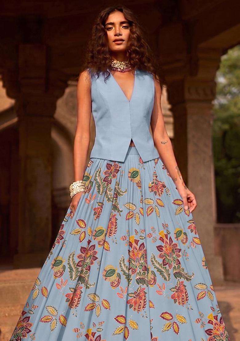 Pastel Blue Printed Organza Lehenga Set - Indya