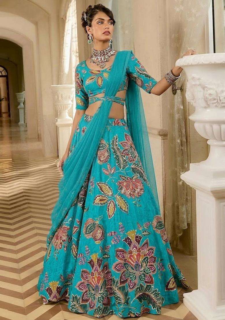 Teal Blue Printed Organza Lehenga Set - Indya